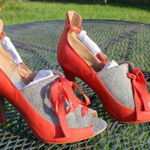 envy Shoes - Orange and Tweed Peekaboo Heels envy Shoes - Orange and Tweed Peekaboo Heels